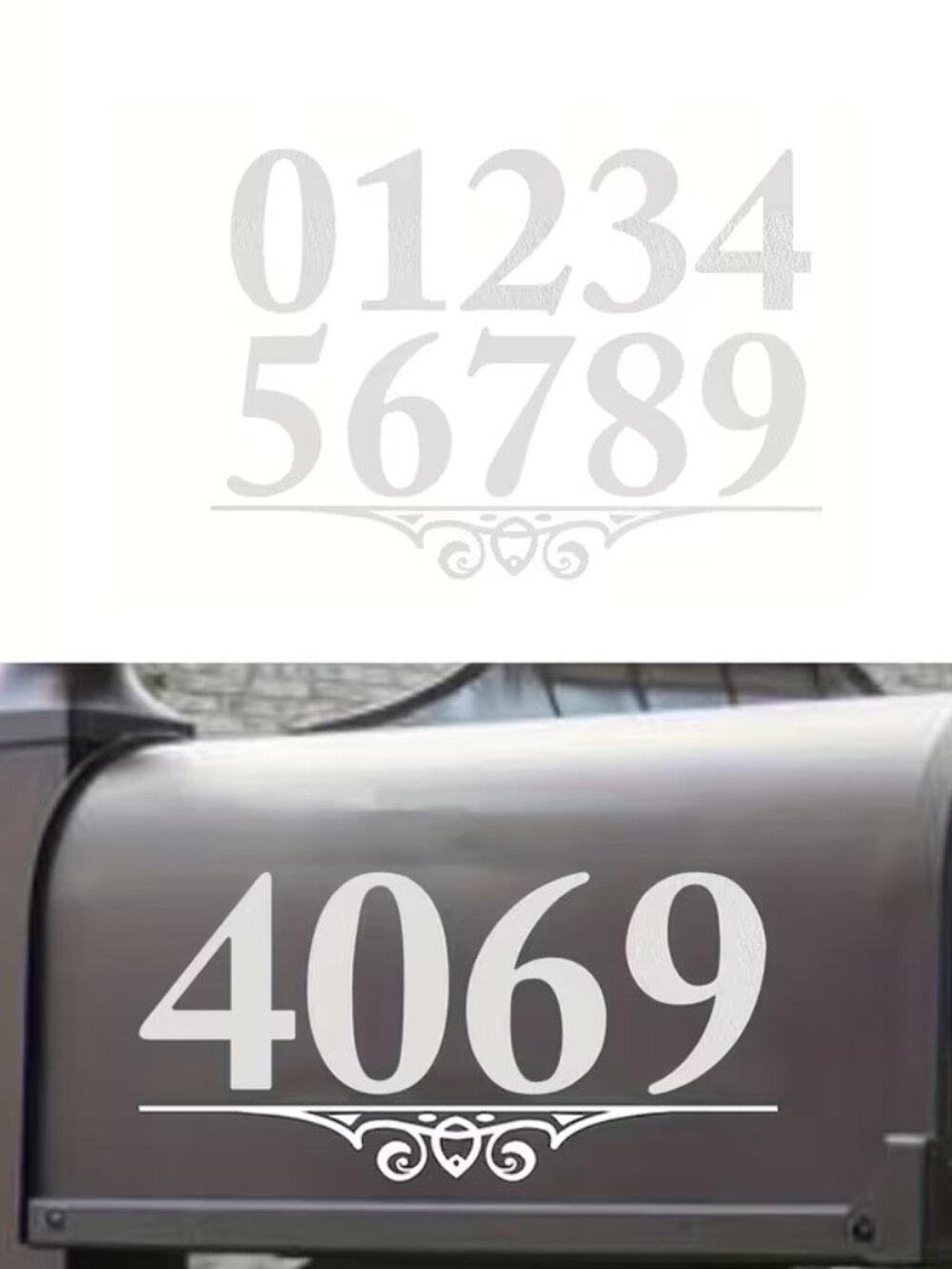 Reflective White 4" Mailbox Numbers & Decorative Scroll Decals 0-9 Outdoor Addre